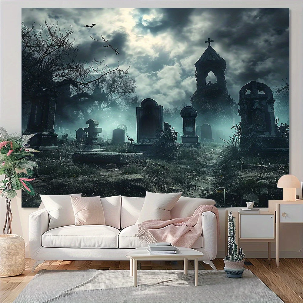 Halloween gloomy tombstone haunted house background, creepy night horror forest ghost party