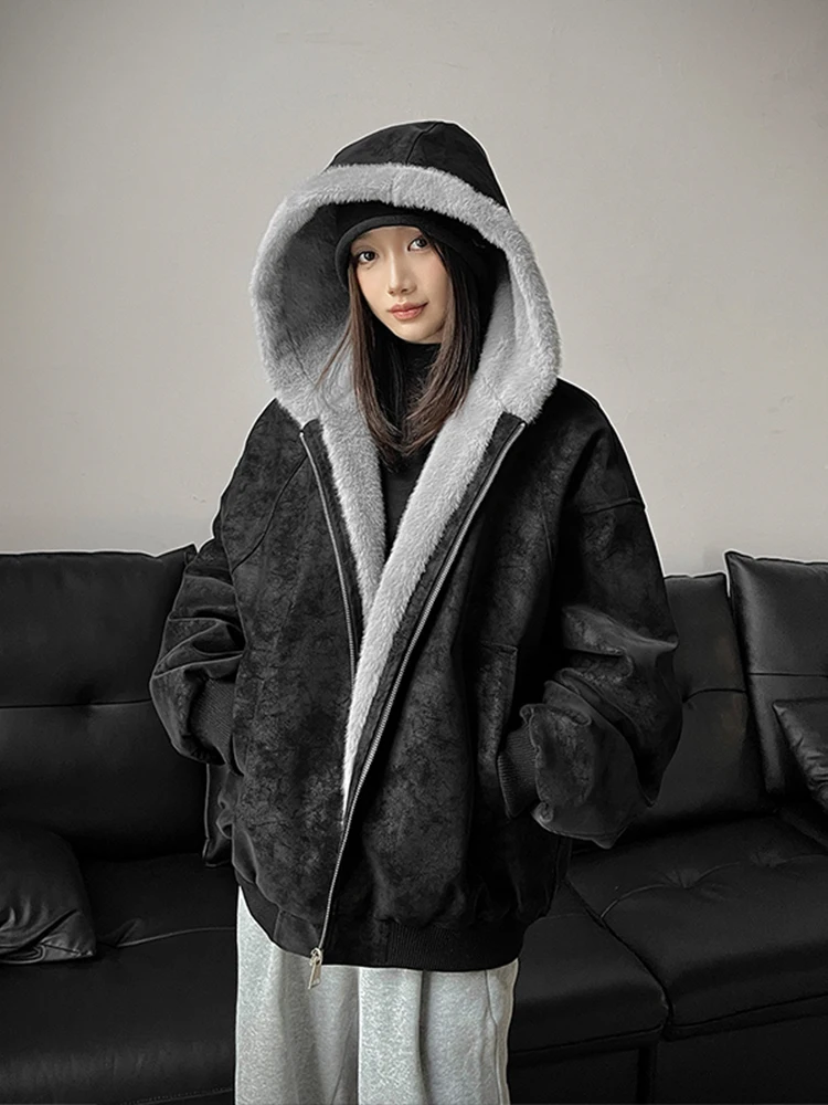 

Американская ретро-куртка с капюшоном из хлопка для женщин, утепленная флисом, зимнее пальто, приталенное, не объемное, верхняя одежда, простой стиль, длинный рукав