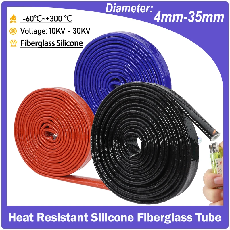 

4mm - 35mm High Temperature Resistant Fire Retardant Casing Pipe Silicone Fiberglass Tube Thicken Insulation Cable Sheath Sleeve