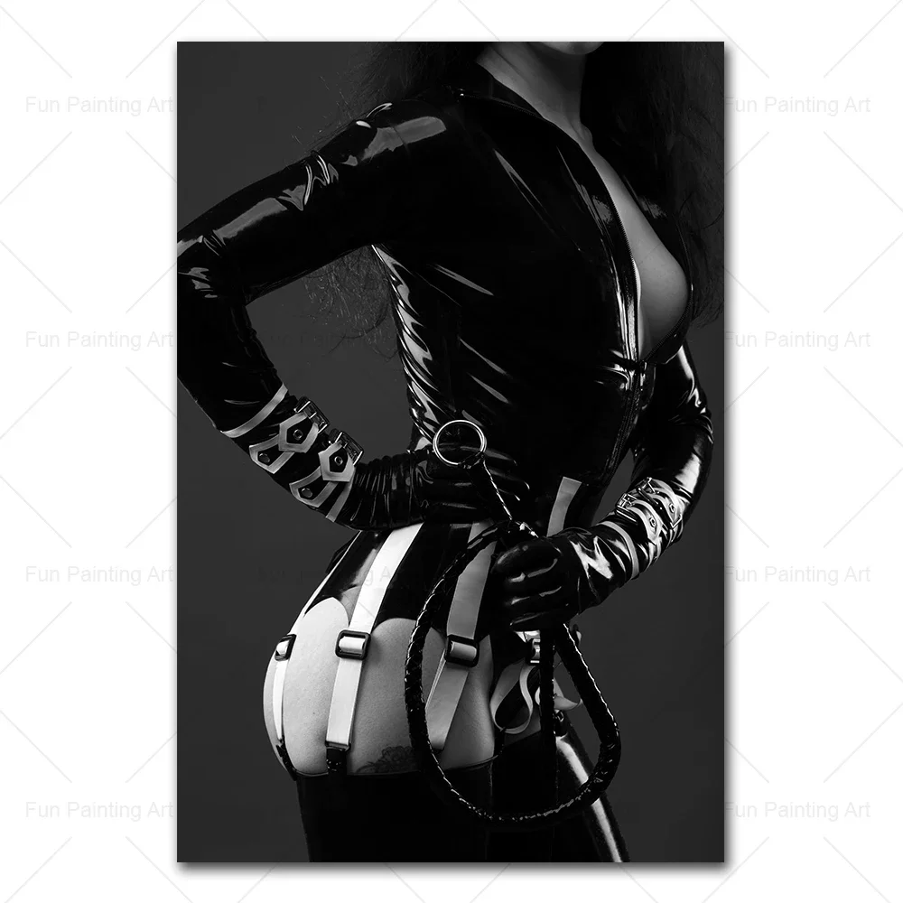 امرأة مثيرة بالأبيض والأسود في ثونغ وأصفاد طباعة ملصق مثليه ، أحمر الشفاه ، لوحة تدخين فتاة ، قماش جدارية فنية ، ديكور غرفة المنزل #3