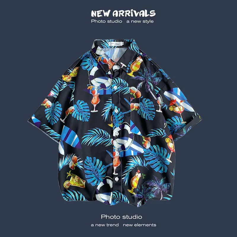 Summer Short Sleeve Shirt Men\'s Beach Super Hot Fragmented Flower Korean Version Loose Couple Luxury Design Half Sleeve Shirt