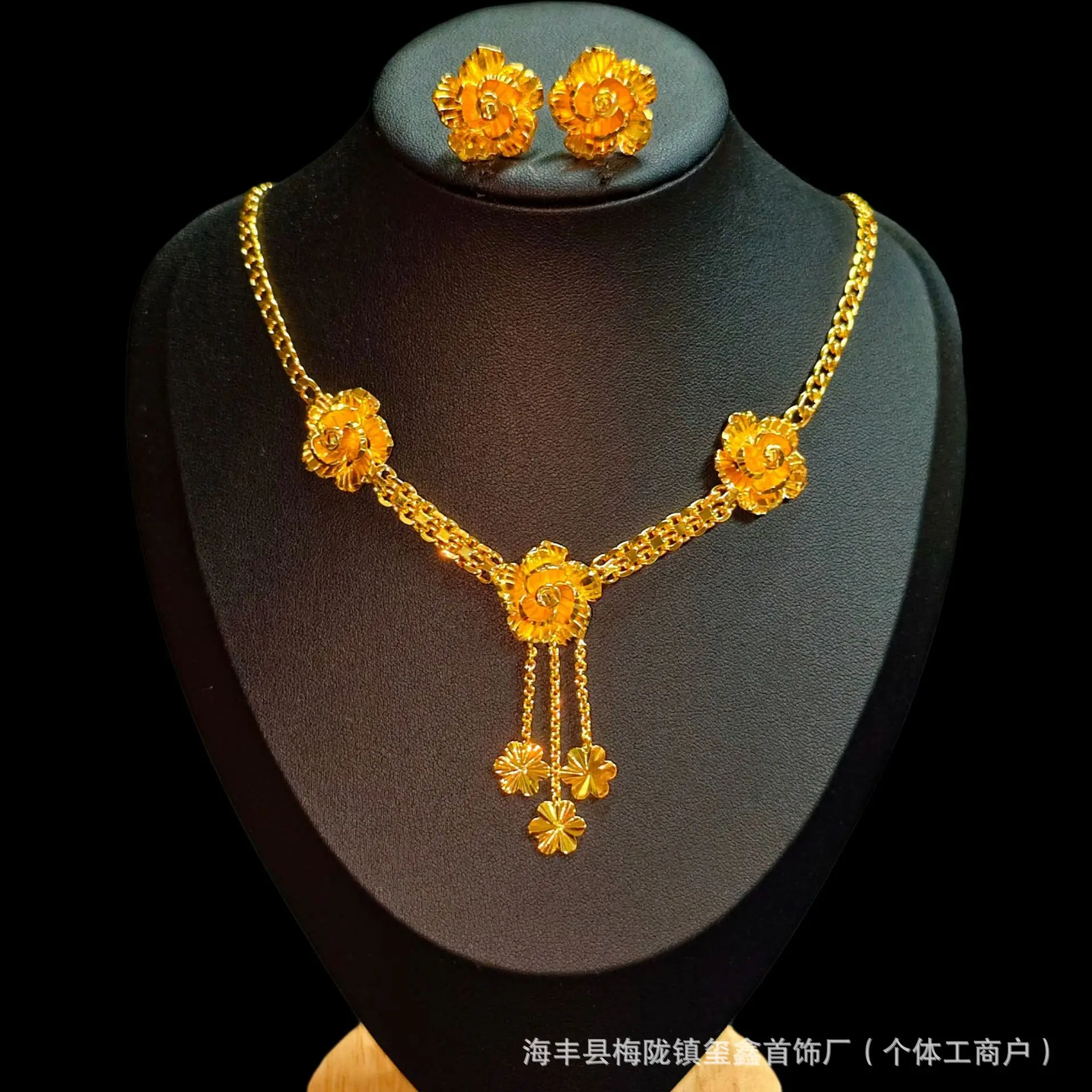 

Luxury 24K 9999 Pure Gold real gold Rose Flower Tassel Necklace Women's Flower Earrings