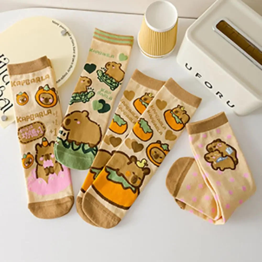 3Pairs Fashion Stripe Capybara Tube Socks Letter Dot Cotton Mid-calf Socks Female Hosiery Funny Cartoon Socks Streetwear