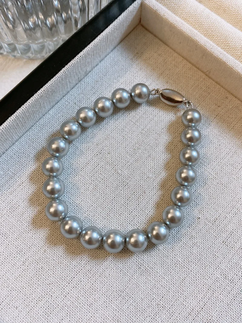 New White 8-9mm Natural Sea Round Gray Pearl Strand Bracelet for Women Wedding Bridesmaid Gift, New Arrival Bracelet