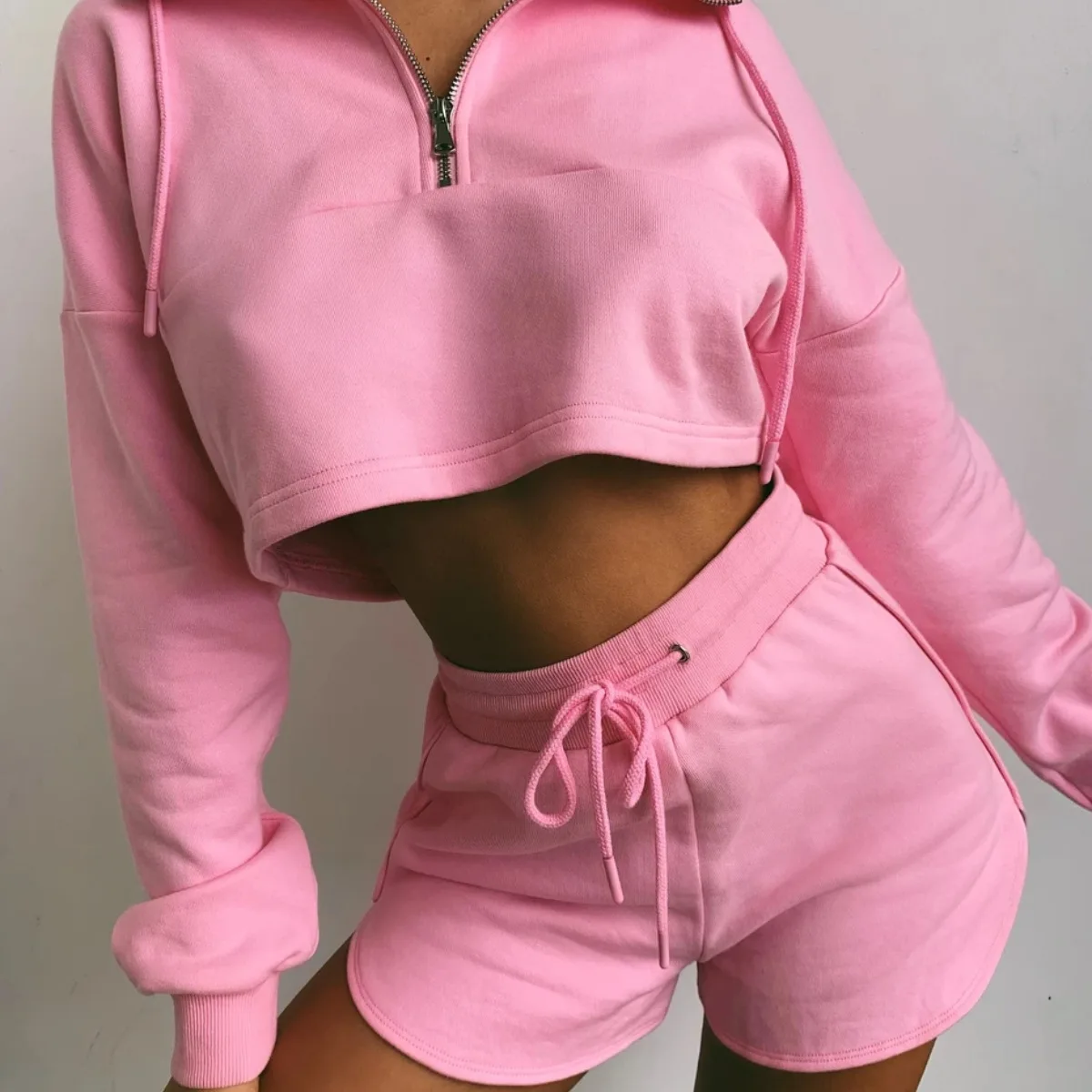 Pink Y2k Two Piece Sets Women Zipper Hoodies Tops Short Sets Tracksuit Lace Up Elastic Waist Casual Summer Set Matching Sets