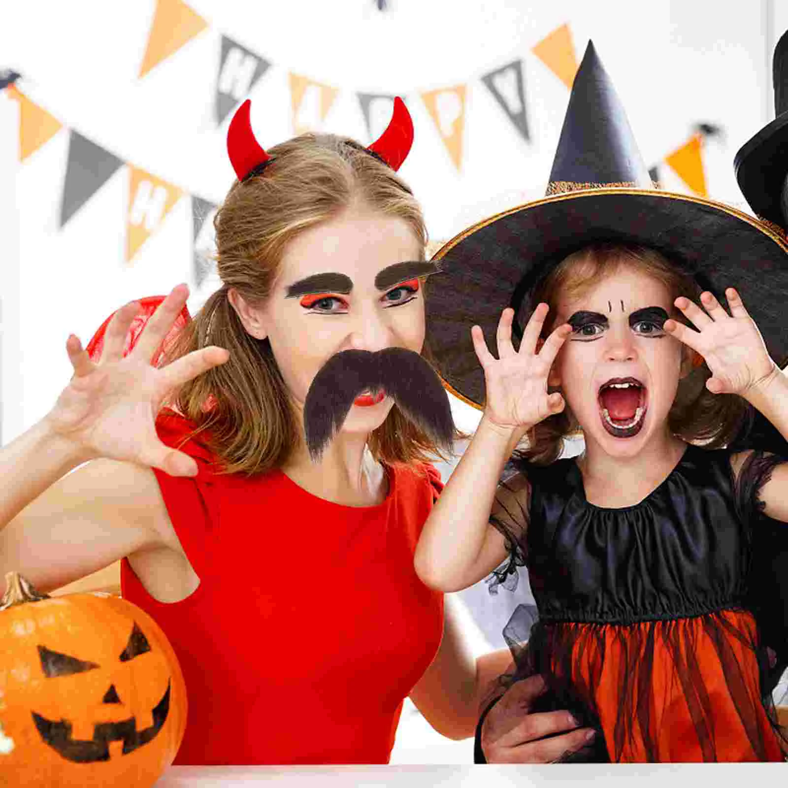 Trajes auto-adesivos de barba e sobrancelhas, faixa preta, luvas de pele, cauda de pano de gato, baile do velho, Halloween