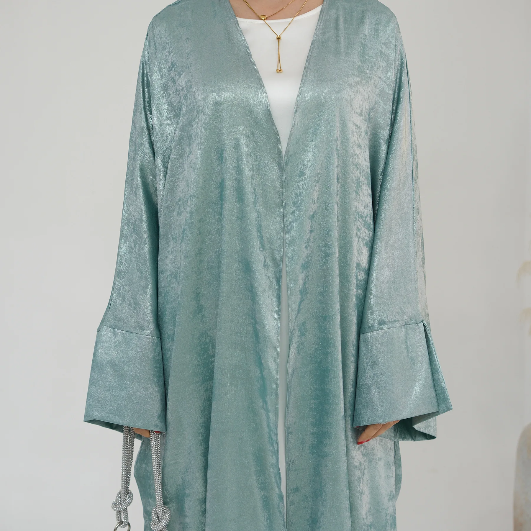 Muslimische Mode Strickjacke Abaya Shinny Polyester Modest Frauen Abaya Muslimischen Kleid Dubai Offene Abaya Mode Islamische Kleidung