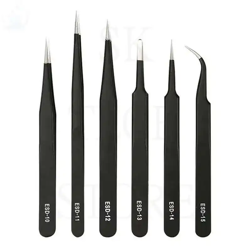 6pcs Precision Tweezers Set ESD Anti-Static Stainless Steel Tweezers Repair Tools for Electronics Repair Soldering Craft Tools
