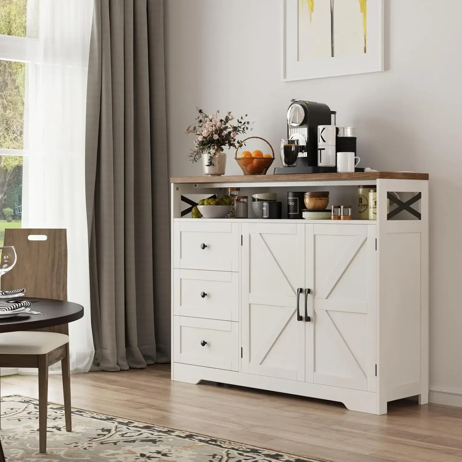 Farmhouse Buffet Cabinet with Drawers & Open Shelf, Sideboard with Storage, Kitchen Pantry Cabinet Hutch,47