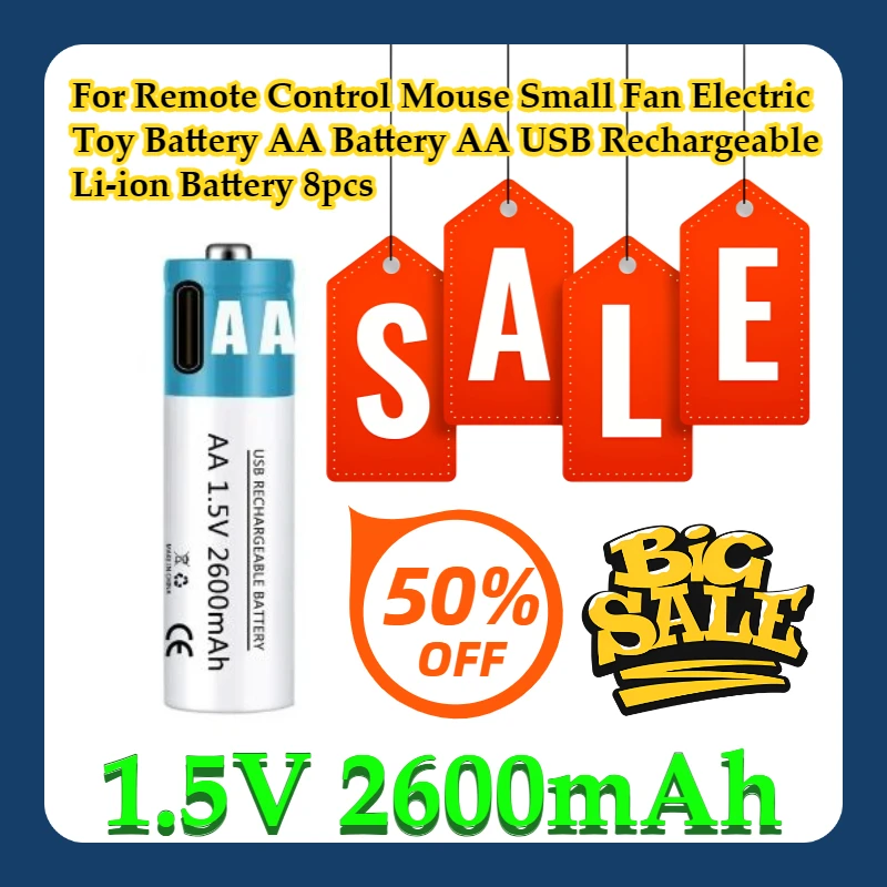 

For Remote Control Mouse Small Fan Electric Toy Battery AA Battery 1.5V AA 2600mAh USB Rechargeable Li-ion Battery 8pcs