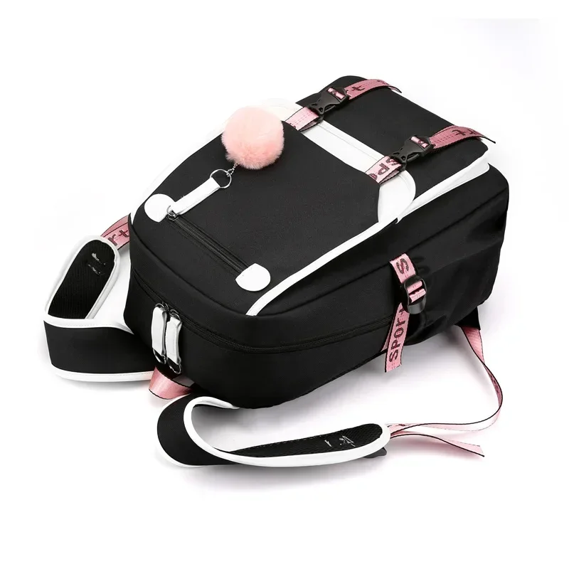 Large School Bags for Teenage Girls USB Port Canvas Schoolbag Student Book Bag Fashion Black Pink Teen School Backpack