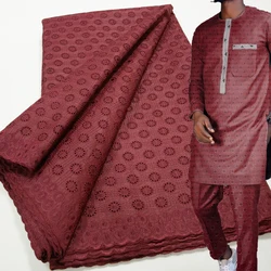 African Lace Fabric High Quality 2025 Embroidered Red Dry Cotton Nigerian Swiss Lace Fabric Men Wedding Dress for Sewing A3809