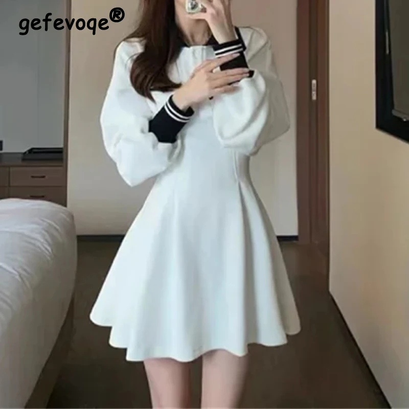 2024 Women Trendy Preppy Style Sweet Chic Polo Collar A Line Mini Dress Y2K Female High Waist Long Sleeve Slim Dresses Vestidos