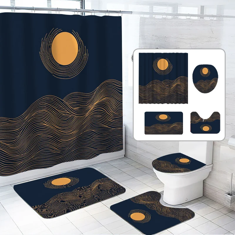 

4 шт., набор художественных полосатых занавесок для душа, черный и синий фон, линия искусства, с 12 крючками, полиэфирная ткань, ванная комната Нет