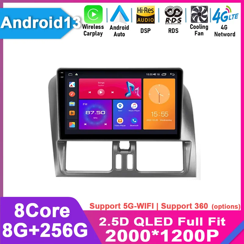 

For Volvo XC60 2007 2010 2013 2014 2017 Car Radio Wireless CarPlay Android 13 Auto Radio 4G Multimedia GPS 2 Din Autoradio Navi