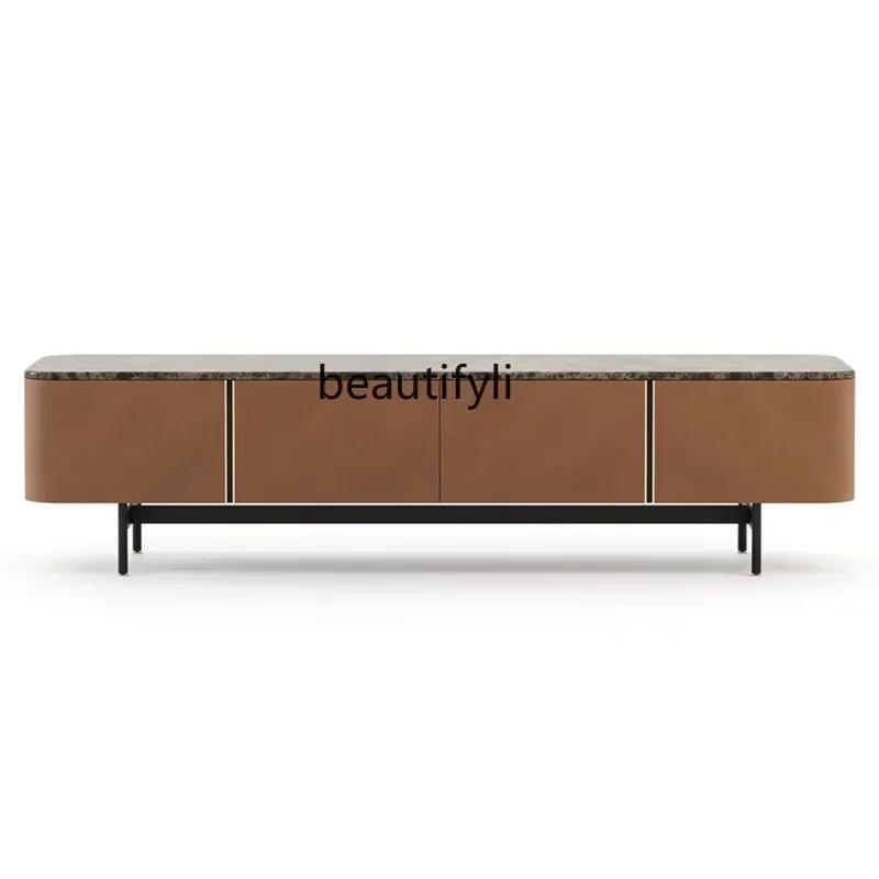 Q178 CC  Smoked oak TV cabinet Modern light luxury imported saddle leather living room marble surface low cabinet53