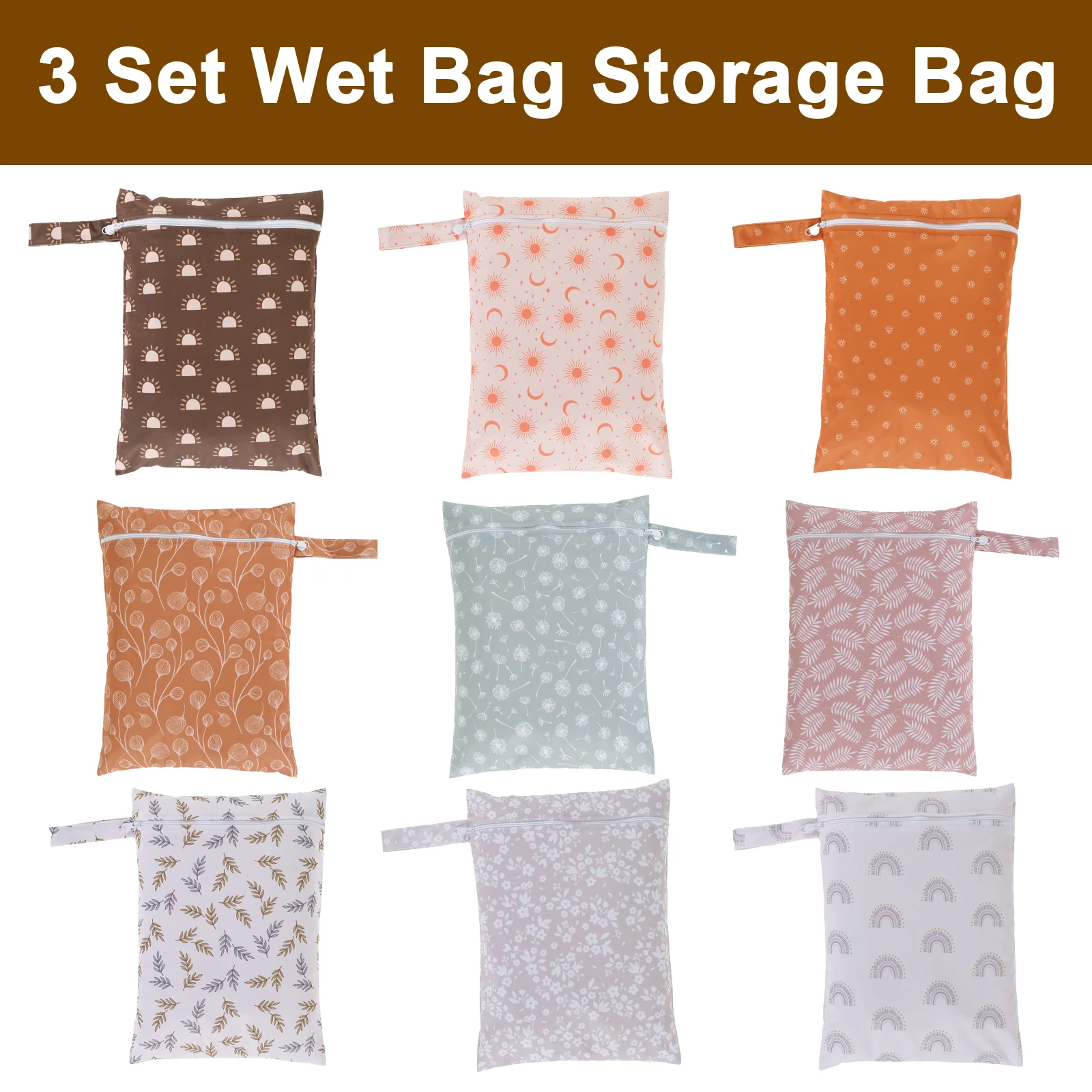 3Pcs Wet Bags Zipper Waterproof Washable Travel Bags Large Capacity Wet Dry Storage Bag for Swimsuits Baby Diapers Beach Pool