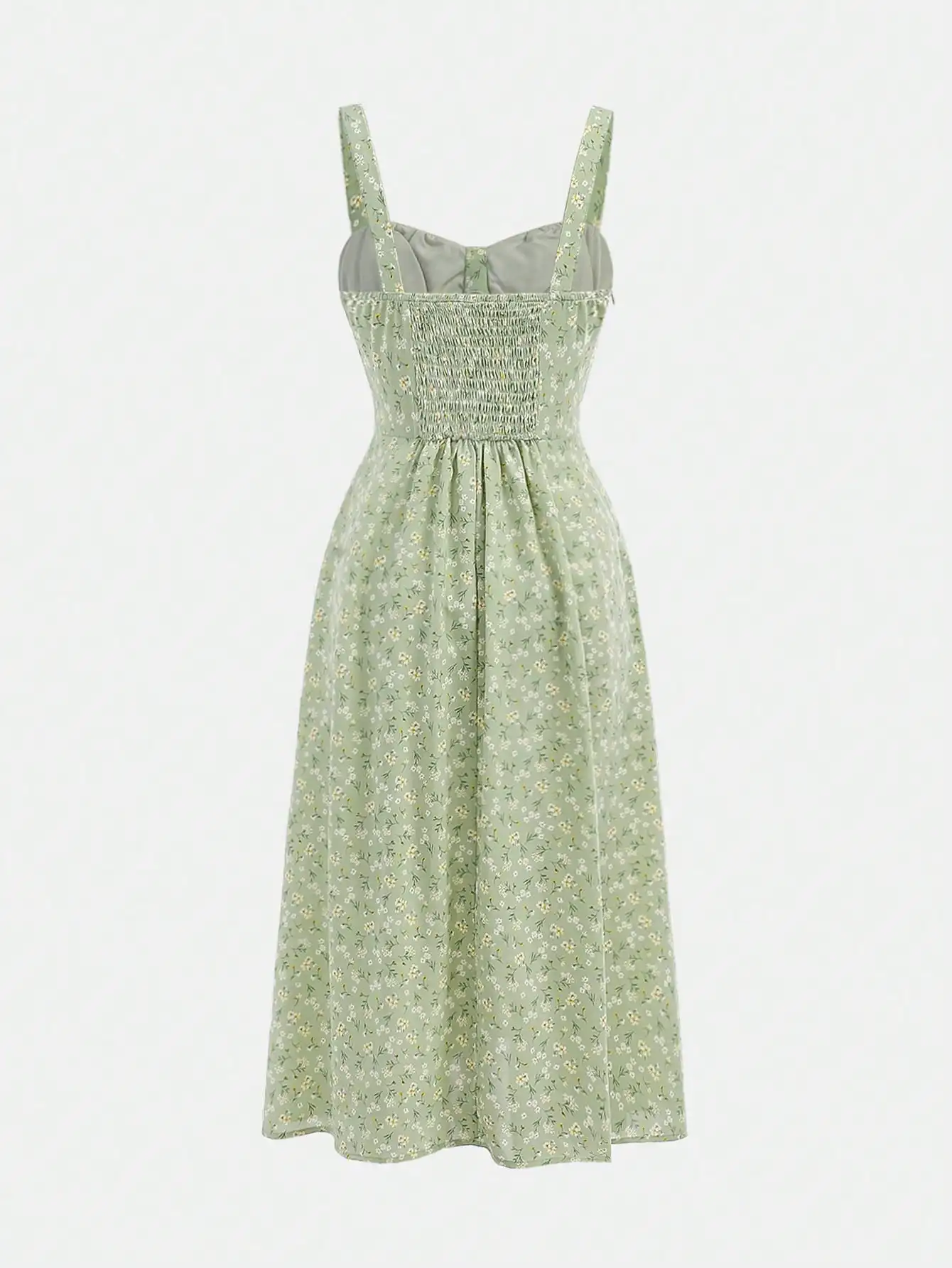 

Платье-комбинация цвета шалфейно-зеленый с мелким цветочным принтом, с завязками спереди, присборенным лифом и А-образным силуэтом миди для женщин