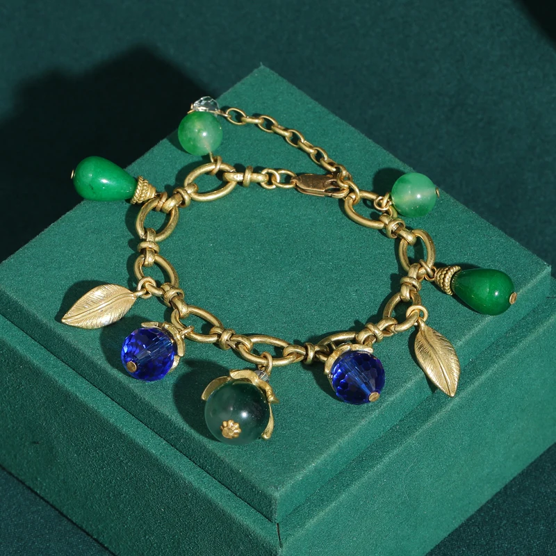 

Vintage Blue Green Agate Bracelet Pendant Beads Designer Antique Gold Plated Leaf Jewelry Luxury 2026 Female Festival Decos New