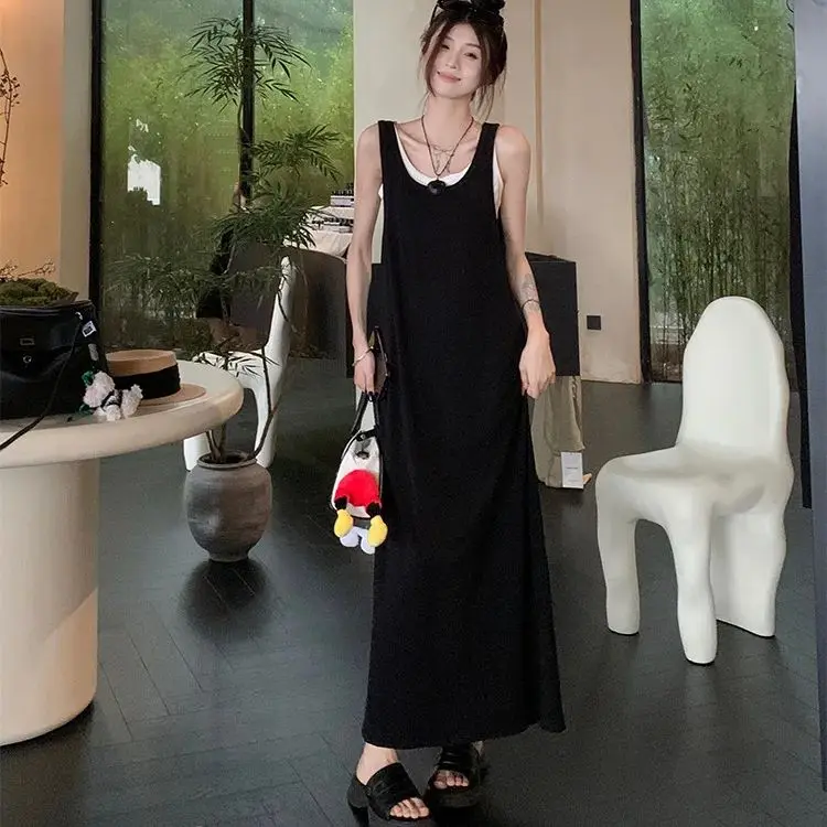 Fake two-piece design sleeveless vest dress female 2024 summer simple solid color casual A-line long Dress summer basic dress