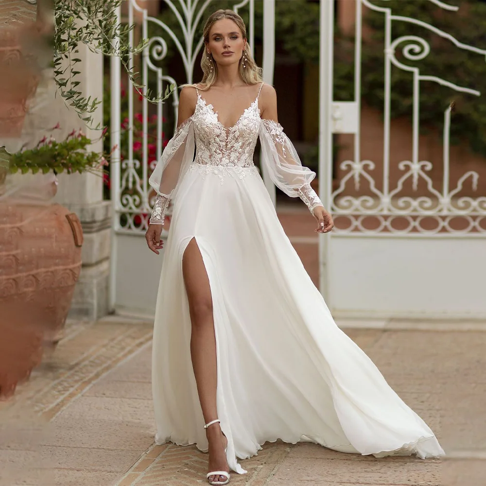 

Sexy Two Straps Long Sleeves V-neck Lace Applique Boho Beach A Line Wedding Dresses Side Slit Custom Made 2024 Rode De Morrie