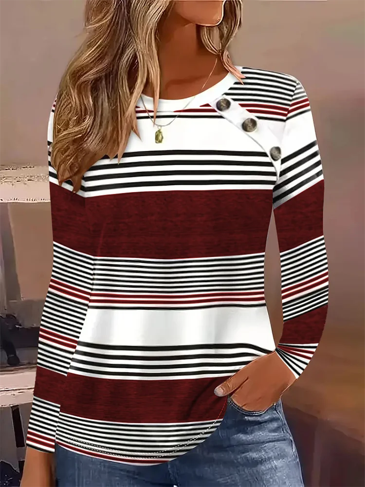 5 Colors Striped Button Long Sleeved Shirts Women's Round Neck Casual Top High Street Fashion Daily Autumn Clothes