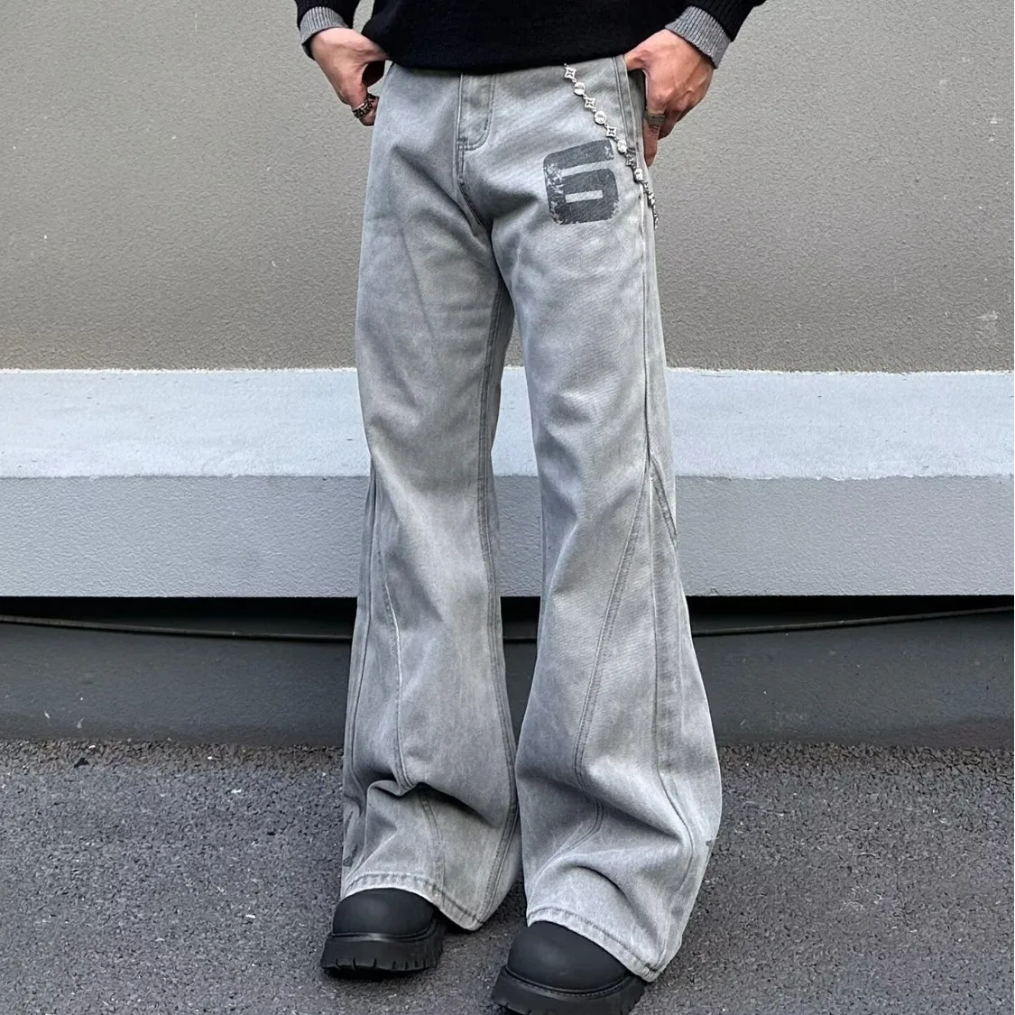 

Y2K Джинсы с высокой талией и принтом, весенние утягивающие ретро узкие широкие брюки, прямые брюки, нейтральный стиль