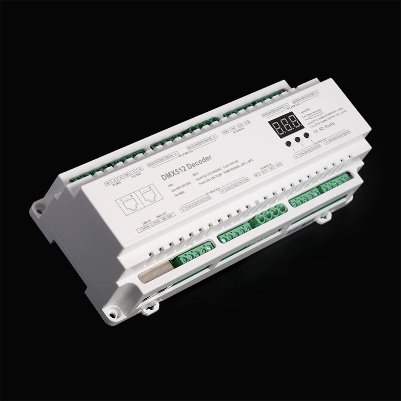 BC-640-DIN DC 12-24V DIN Rail install 40CH DMX512 Constant Voltage Decoder, 3-digital-display, supports 8-bit,16-bit