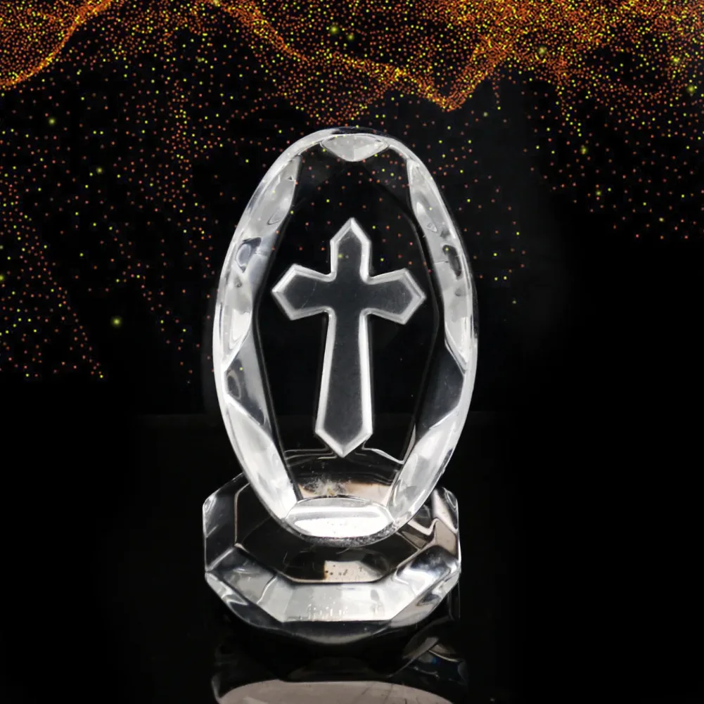 4.8cm Transparent Oval Inlay Carving Cross Figurines Glass Art Vehicle Interior Decoration Home Furnishings Desktop Ornaments