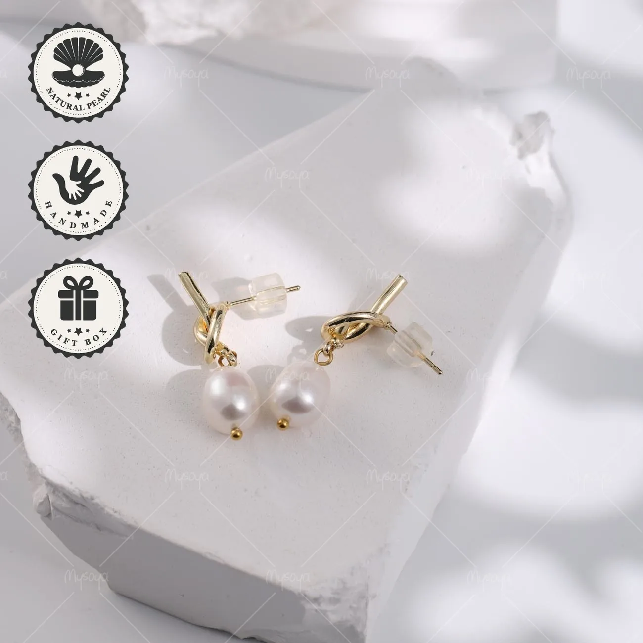 

Mysoya Golden Knot Earrings White Baroque Freshwater Pearl 8–9mm Gift Box Valentine’s Day Birthday Gift For Her