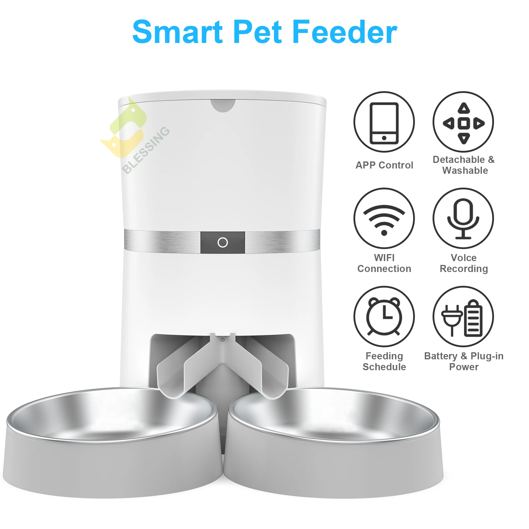 Automatic Pet Feeder Smart Pet Feeder Intelligent Food Dispenser For Cat & Small Dog With Two-Way Splitter And Double Bowls