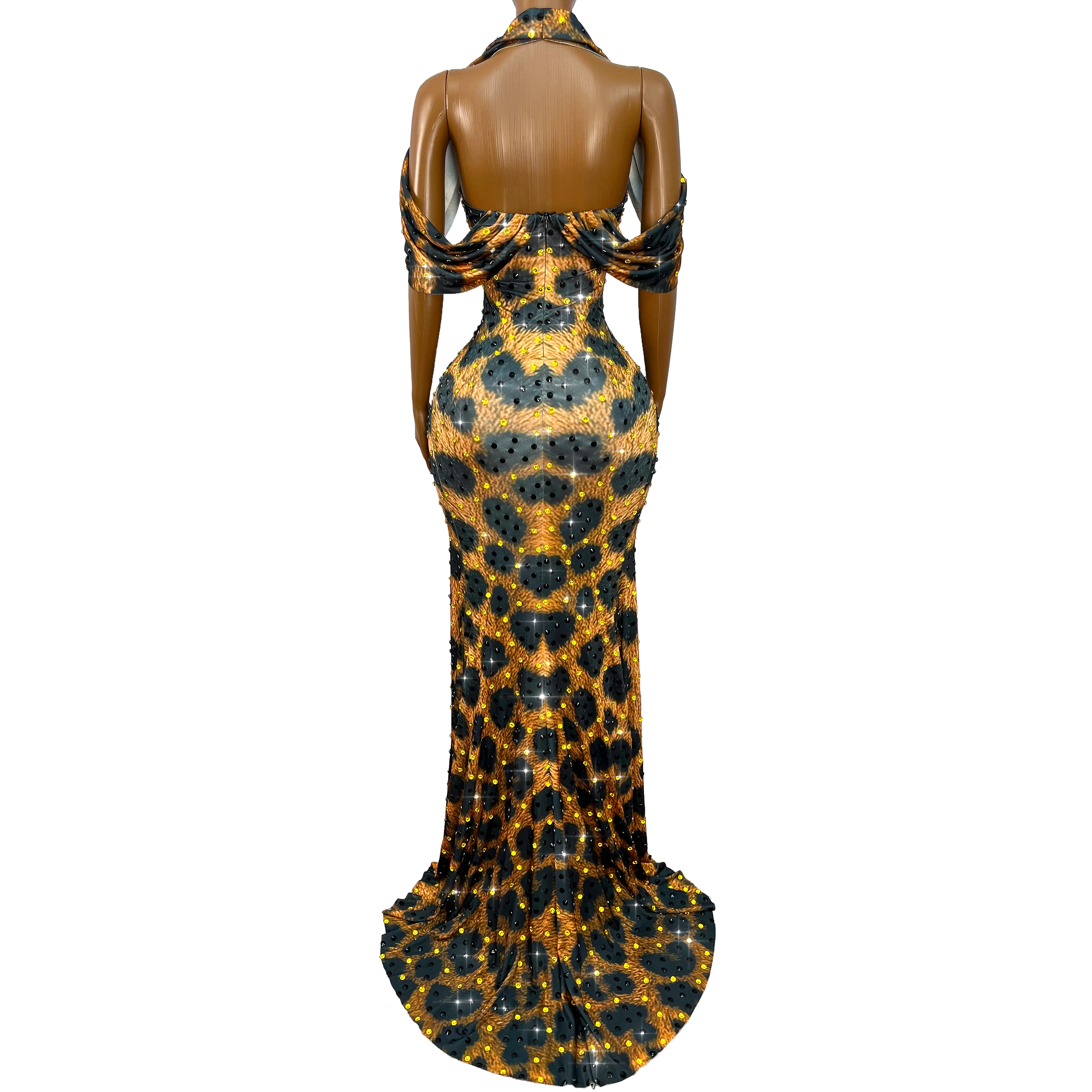 High-end Shining Rhinestones Leopard Print Sexy V-neck Tippet Dress Women Evening Party Gown Red Carpet Show Stage Outfit Baozha view 3