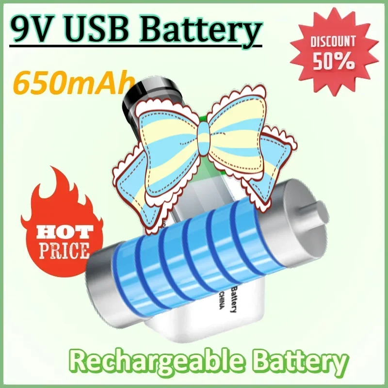 

9V 650mAh USB Rechargeable Battery-Lithium-Ion Type-C Charging for Multi Meter, Square Toy Remote Control Walkie Talkie Battery