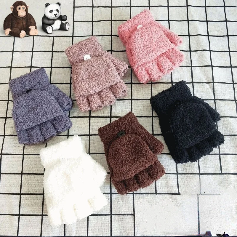 Winter Children Thickened Warm Knitted Half-finger Clamshell Gloves Cute Boys and Girls Student Simple Plush Gloves 3-10 Years