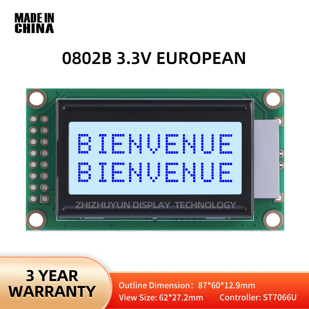 Painel LCD europeu da matriz do ponto do caráter, filme cinzento, letras azuis, 86x02, 87x60mm, LCD0802B, 3.3V