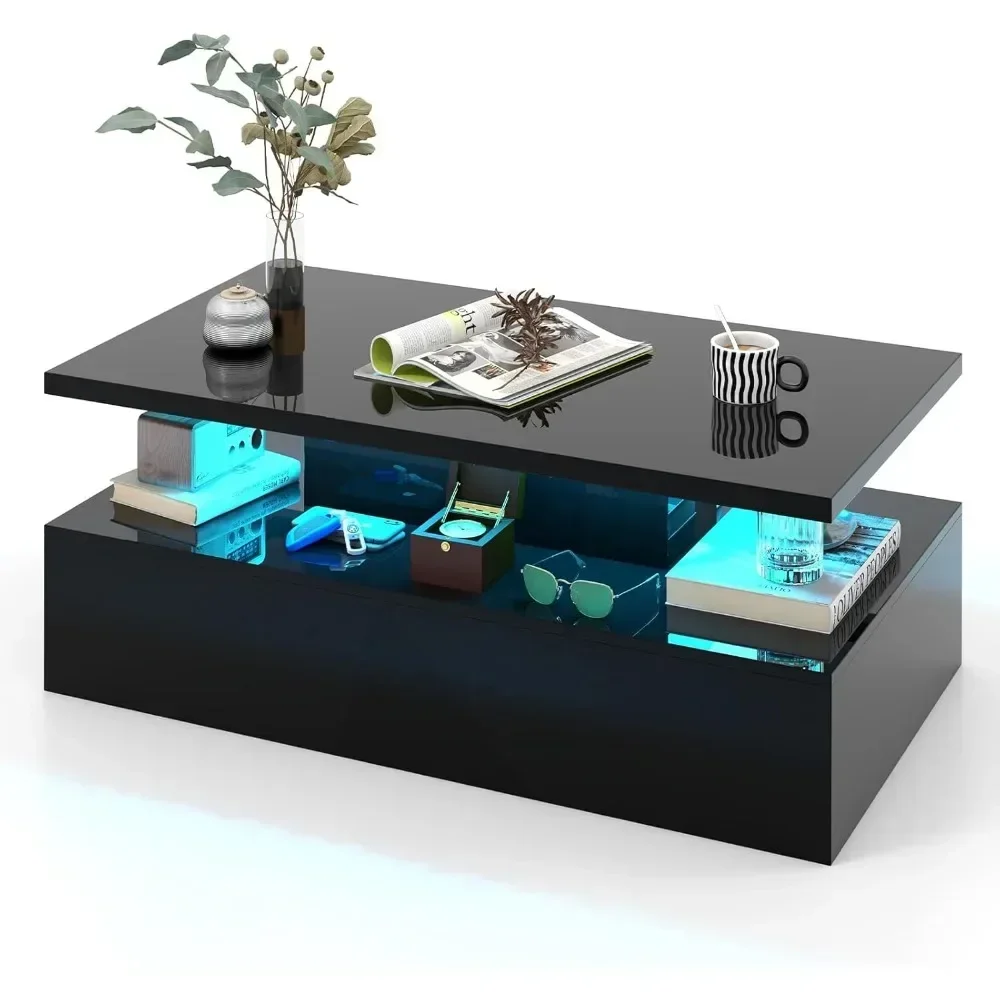 LED Coffee Table,Modern High Gloss Coffee Table w/ 20-Color LED Lights,Adjustable Speed & Brightness, Remote Control, Open Shelf