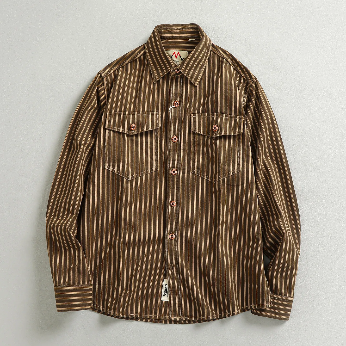 

100% cotton American retro trendy striped men's long-sleeved shirt woven washed distressed work shirt jacket