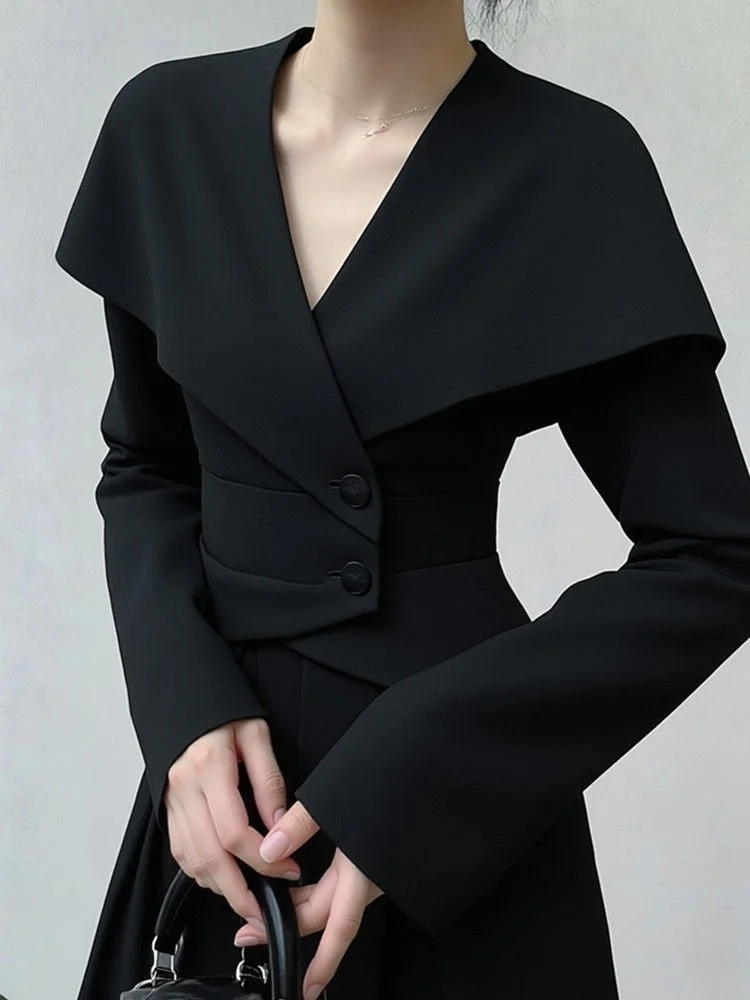 

Slim Fit Crop Shirts Women Long Sleeve Black Office Lady Button Simple Blouse French Elegant Female Chic V Neck Patchwork Tops