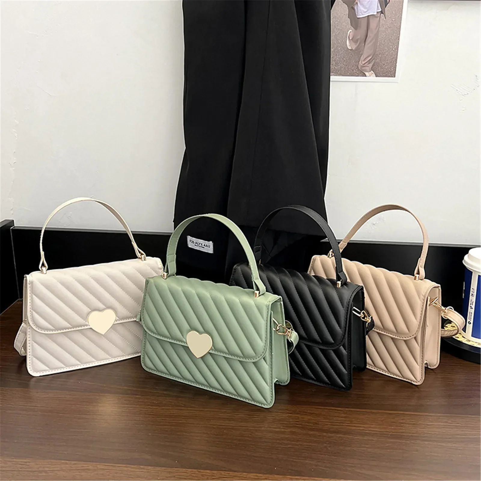 Love Handbag for Women Solid Color Indentation Cross-Body PU Leather Daily Outings Bags Large Capacity Crossbody Bag for Women