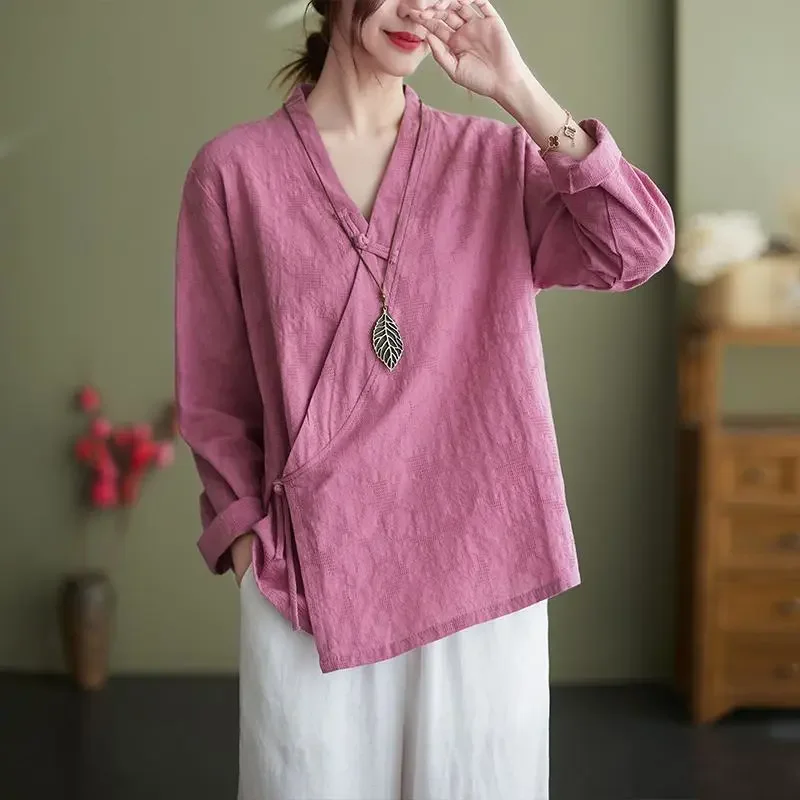 

Spring Autumn Large Size Literary Slanted Plaid Button Shirt Long Sleeve Chinese Style Hanfu Top Retro Zen Tea Clothes for Women