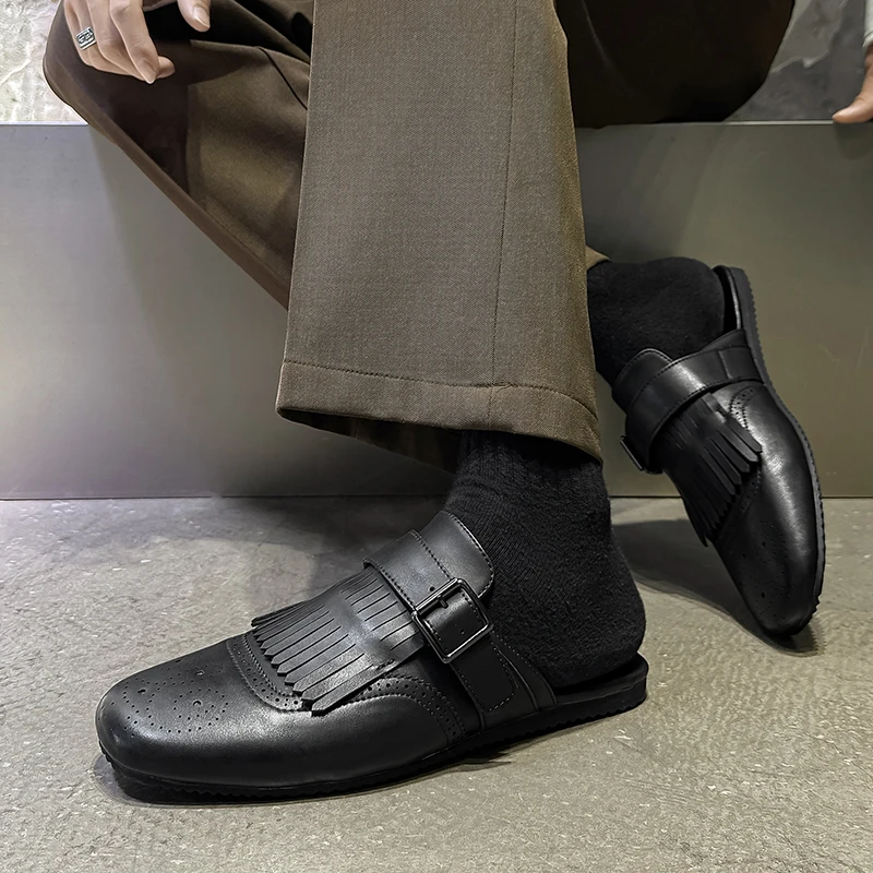 Four Seasons Retro Men Half-Bootie Shoes Black European-style One-piece Casual Comfortable Fashionable Brand Shoes Men Booties