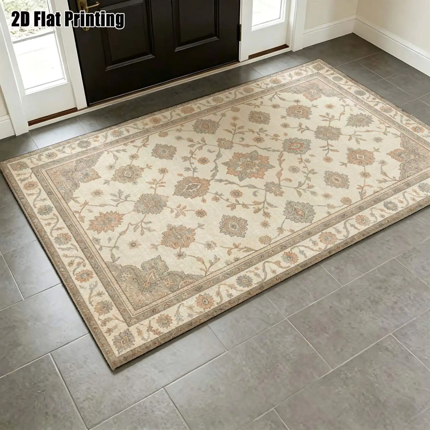 1Pc 2D Printed Carpet: Beige Retro Floral, European/Bohemian Style, Home Decor Floor Mat, Multi-Size, Machine Washable, for Living Room, Bedroom, Dining Room, Entrance, Study