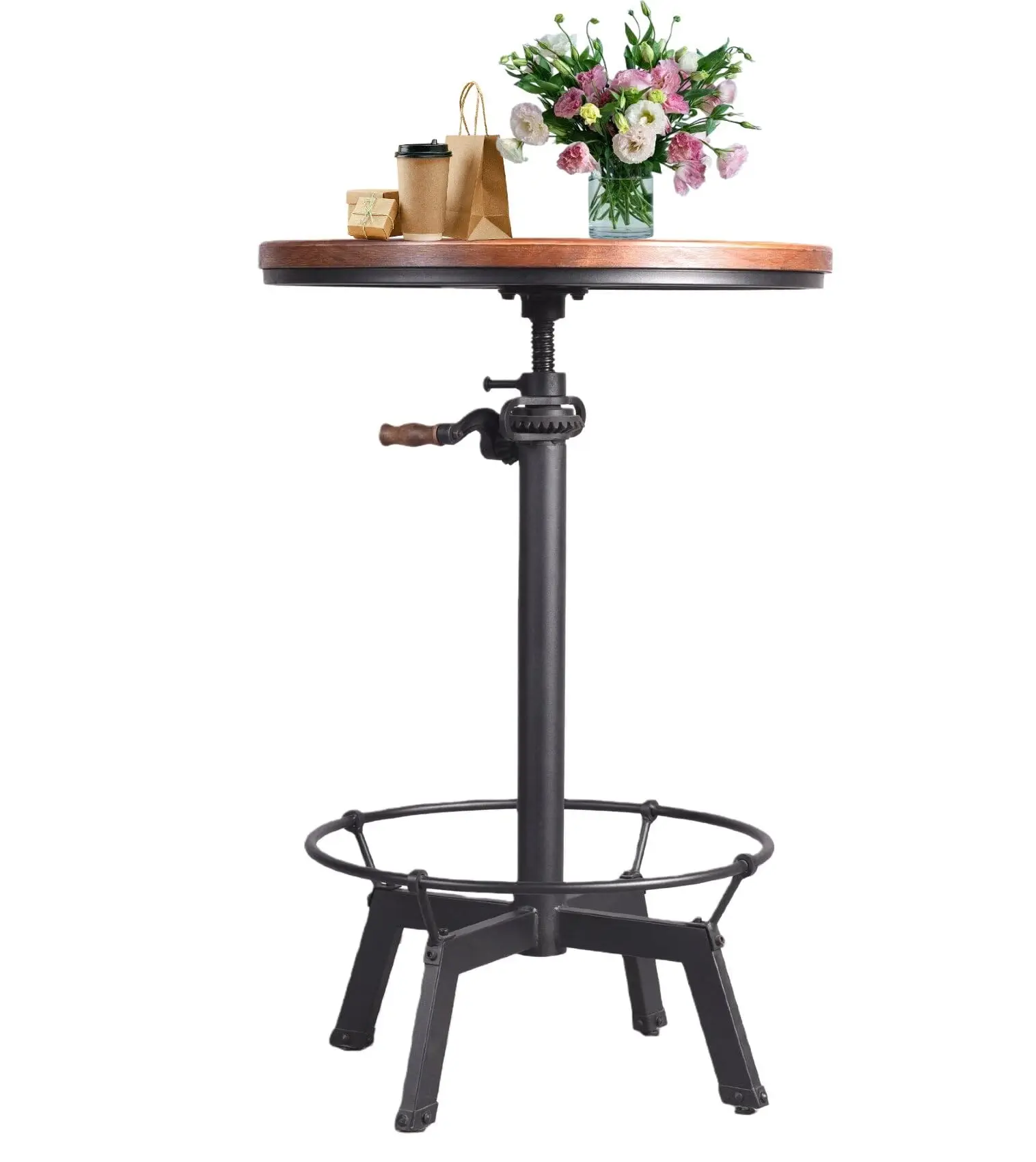 

Industrial Style Adjustable Height Bar Table With Wooden Top And Footrest