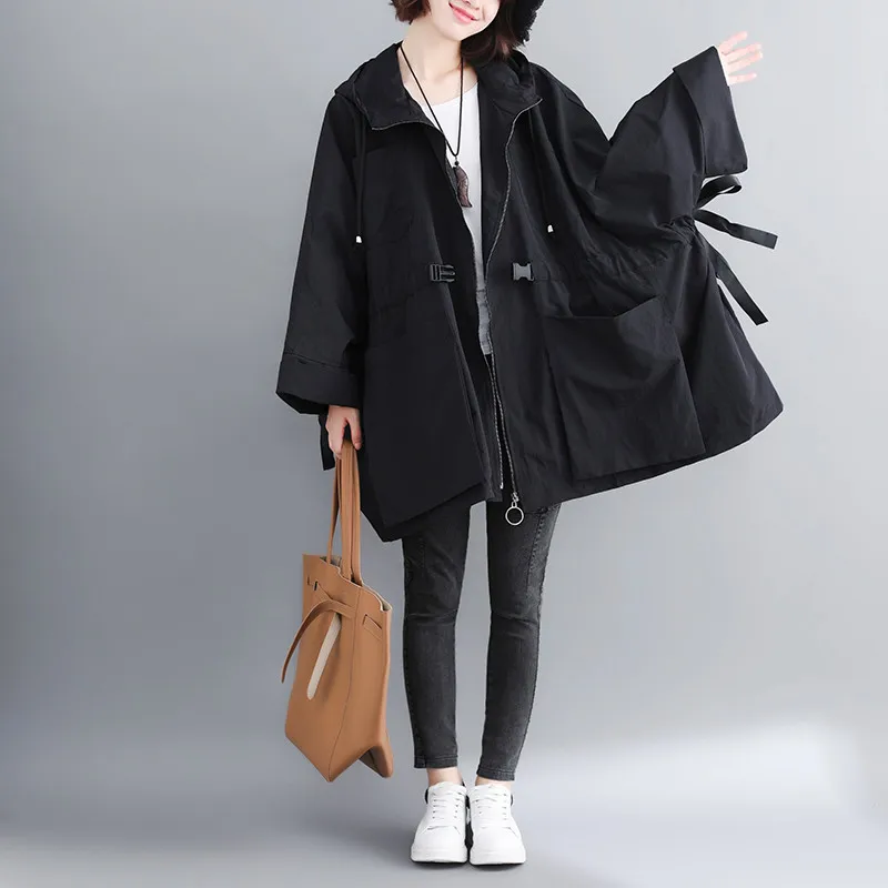 

Windbreaker Female Long Coat Nice Spring Autumn Trench Coat Bat Sleeve Large Size Loose Casual Hooded Overcoat Outerwear R324