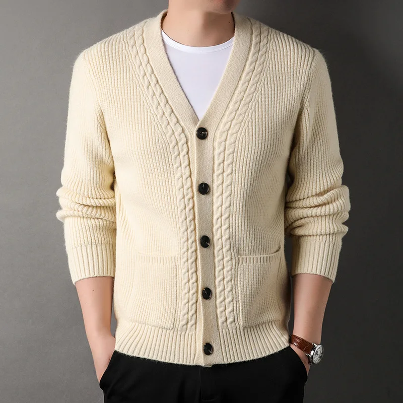 

2023 Men's Autumn New V-neck Knitted Cardigan Youth Casual Thickening Fashion Cable-Knit Sweater