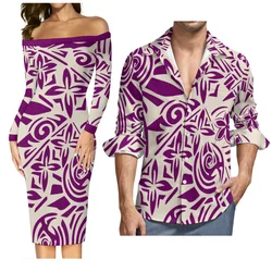 Women'S One-Line Shoulder Long Sleeve Dress Polynesian Design With Men'S Ah Roja Long Sleeve Shirt Couple Set Free Shipping