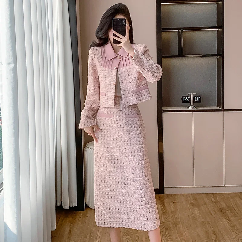 Pink Luxury Two-piece Set New Elegant Fashion Stylish Autumn Winter Complete Sophisticated Outfit for Women Female Office Lady