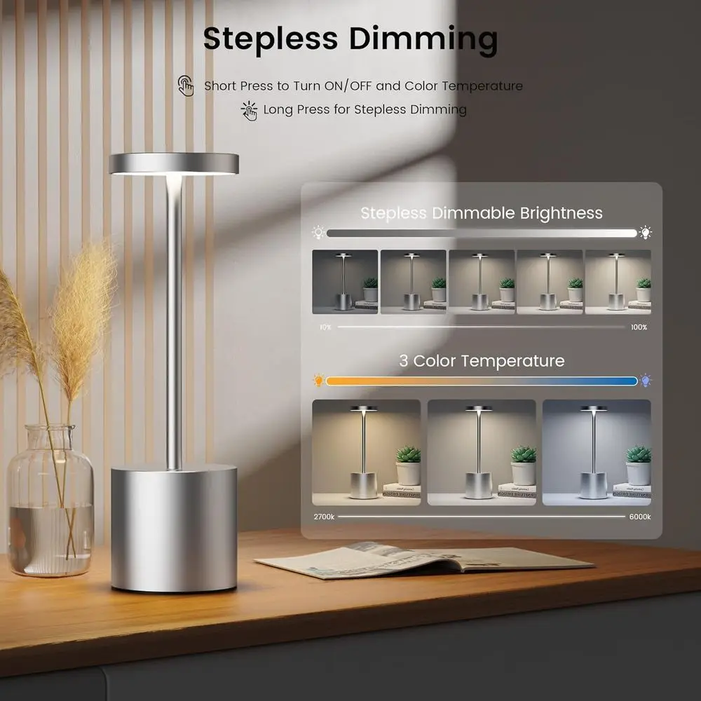 LED Cordless Table Light, Rechargeable Outdoor Desk Lamp, 5000mAh Battery, Dimming Feature for Patio and Restaurant Use (Silver)