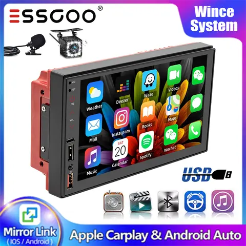 7" Double 2 DIN Apple Carplay Android Auto Car Radio Stereo Head Unit USB Bluetooth AUX-IN HD Touch Screen WiFi SWC+MIC&Camera