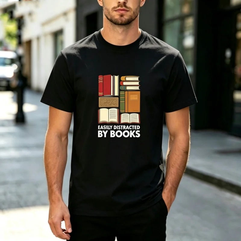 Funny Reading Quote Book Stack Art Print Easily Distracted By Books Graphic Tee For Adult Men Soft Cotton Short Sleeve School